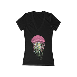 FLORAL JELLYFISH <br>women's jersey <br>short sleeve <br>deep V-neck tee