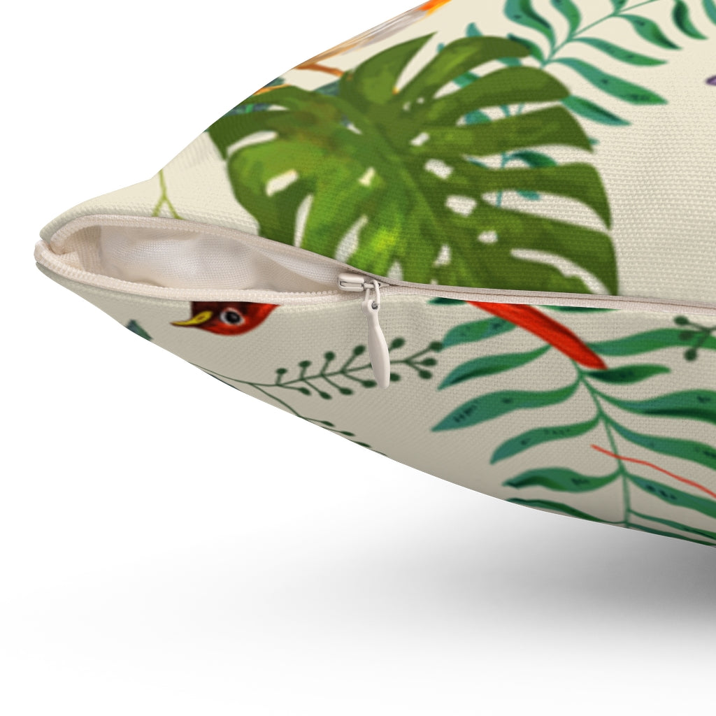 BIRDS IN TROPICAL LEAVES <br>spun polyester <br>square pillow