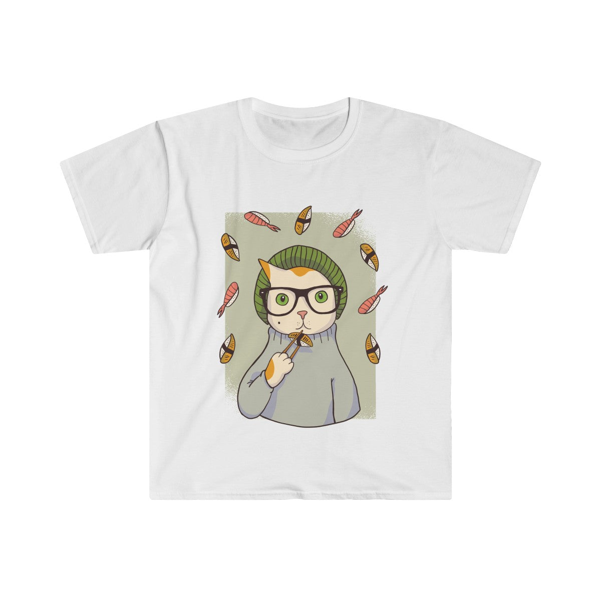 HIPSTER CAT <br>WITH SUSHI <br>men's fitted <br>short sleeve tee