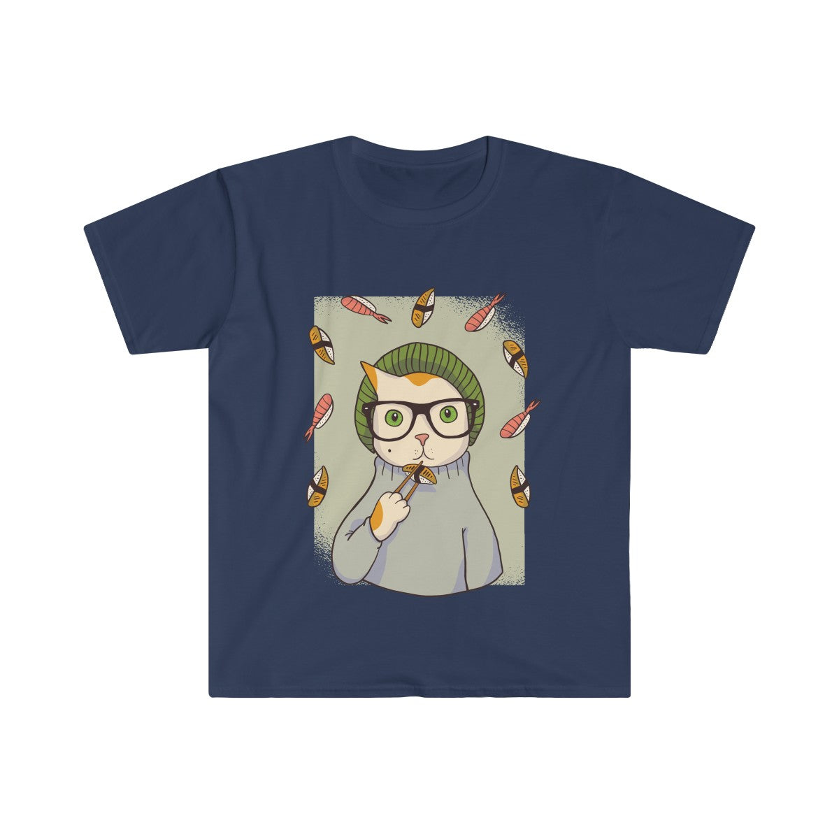 HIPSTER CAT <br>WITH SUSHI <br>men's fitted <br>short sleeve tee