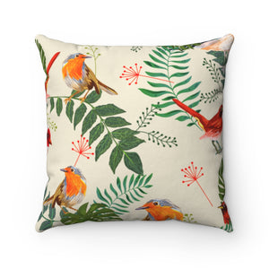 BIRDS IN TROPICAL LEAVES <br>spun polyester <br>square pillow