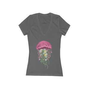 FLORAL JELLYFISH <br>women's jersey <br>short sleeve <br>deep V-neck tee