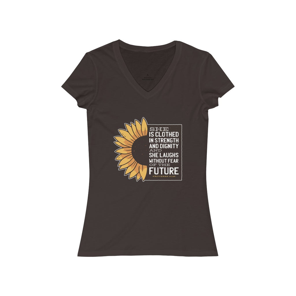 PROVERBS 31:25 <br>women's jersey <br>short sleeve <br>V-neck tee