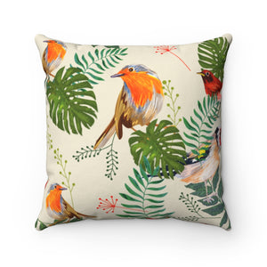 BIRDS IN TROPICAL LEAVES <br>spun polyester <br>square pillow