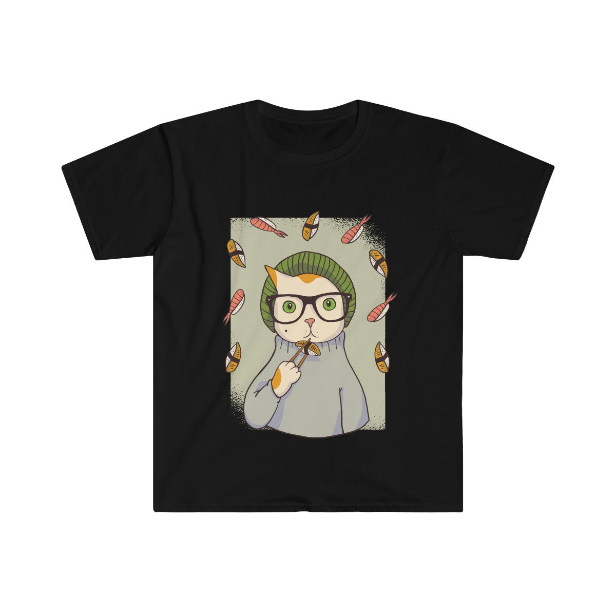 HIPSTER CAT <br>WITH SUSHI <br>men's fitted <br>short sleeve tee